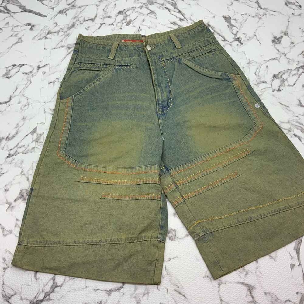 Men's Vokal by Nelly Mid Blue Vintage Yellow Orange Stitched Denim Shorts